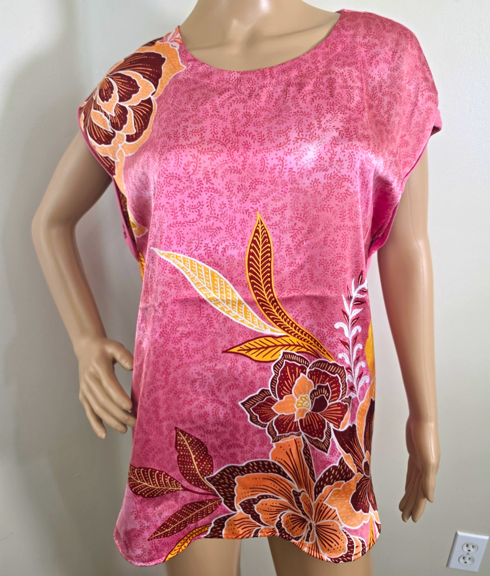 DR2 Pink Floral Tunic Blouse Dolman Short Sleeve Round Neck Pullover Est L